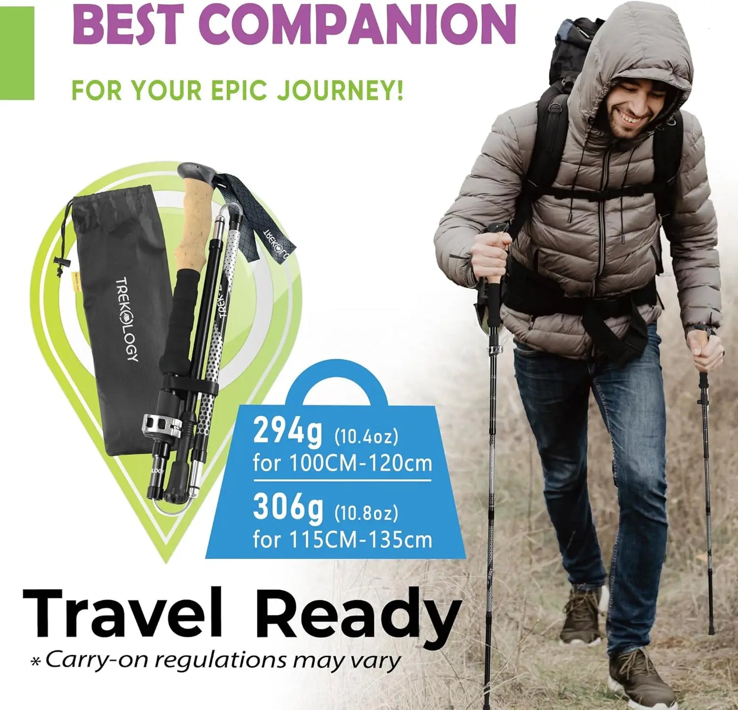 Collapsible Hiking & Trekking Poles - Balance Support for Seniors, Women, Men, 2pc Set