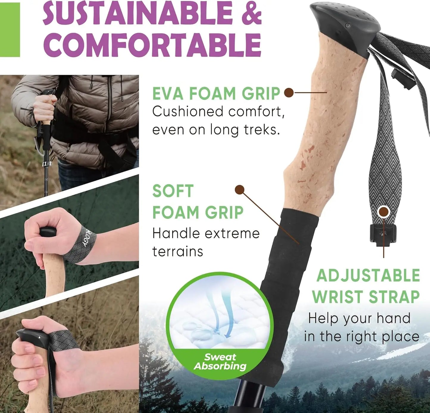 Collapsible Hiking & Trekking Poles - Balance Support for Seniors, Women, Men, 2pc Set