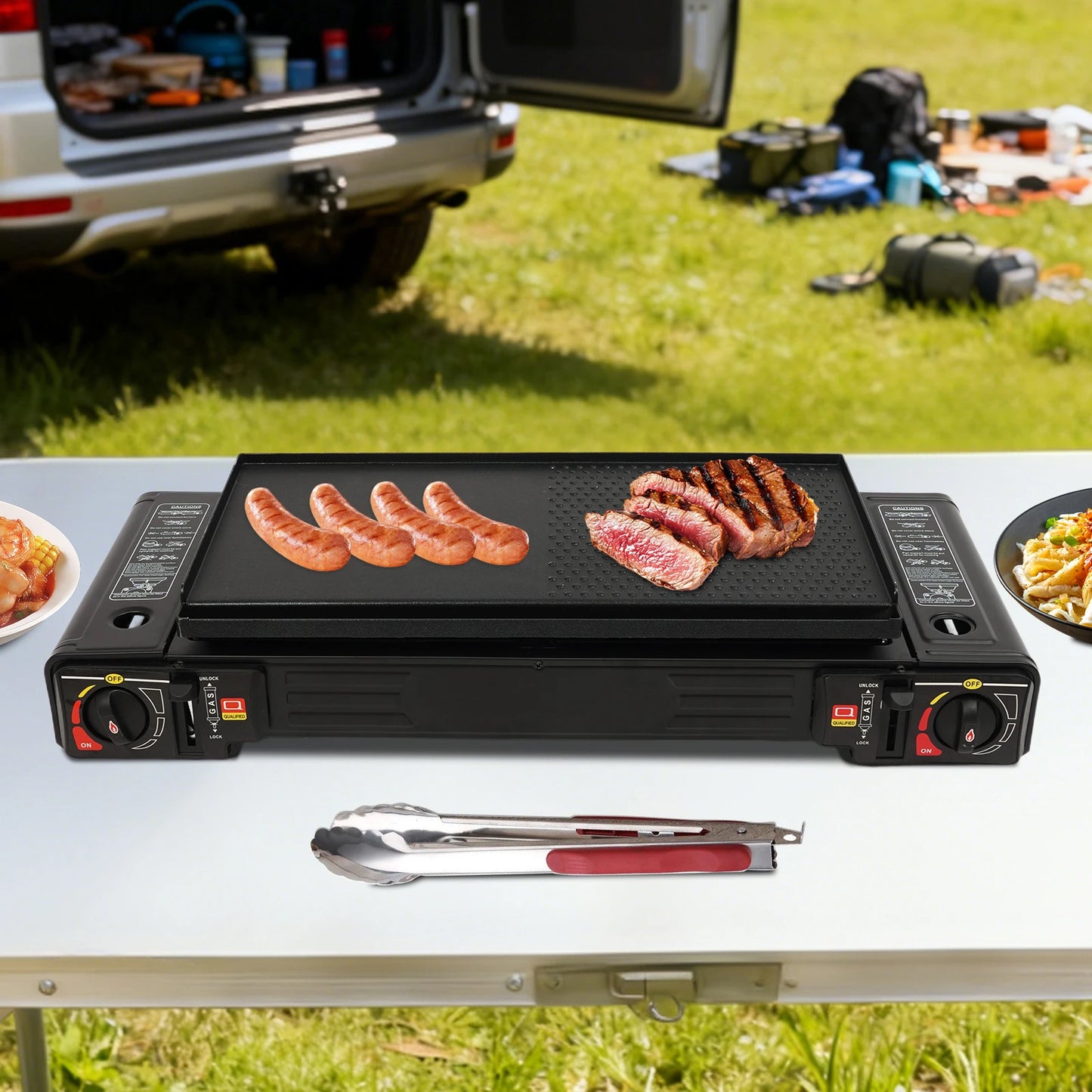 2-Burner Camping Stove Portable Gas Stove Kit Picnic Baking Tray Camping Grill Outdoor Cooking Stove with Carrying Burner LPG