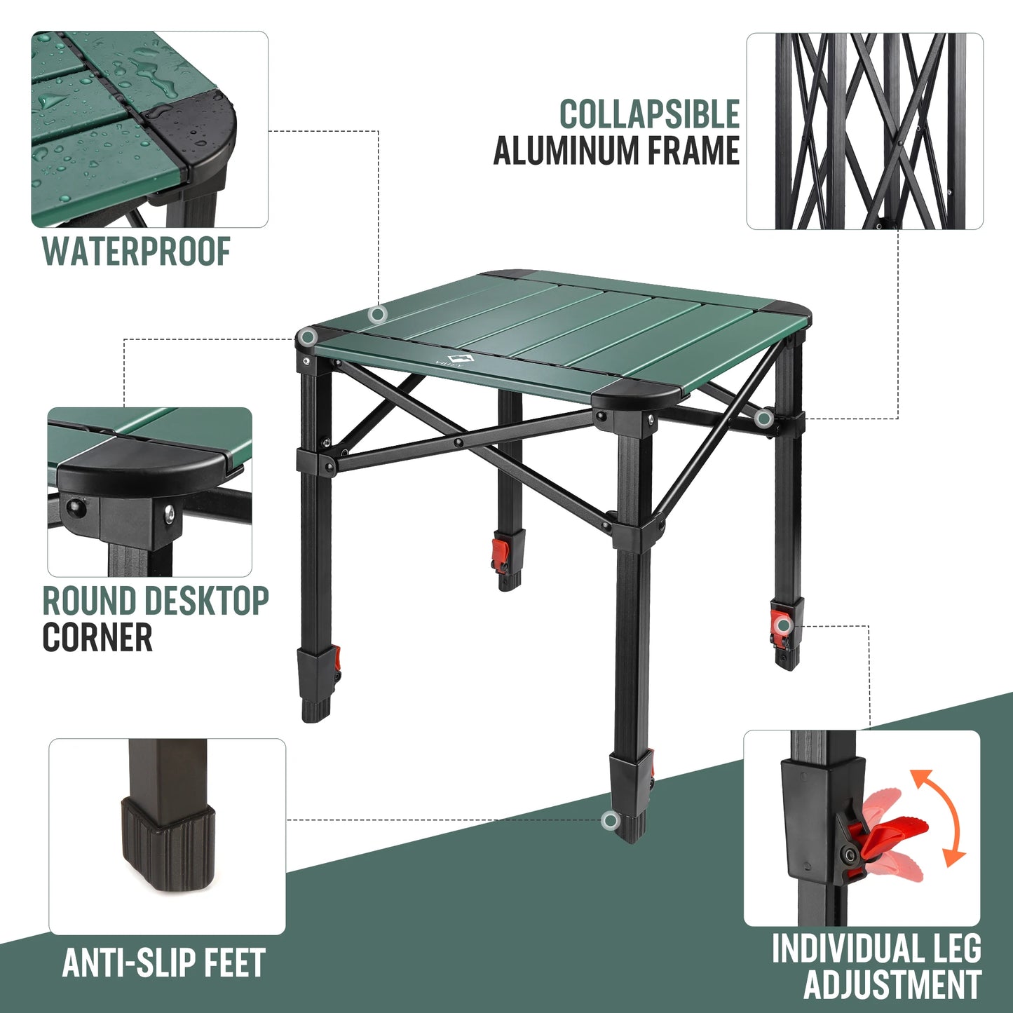 VILLEY Folding Camping Square Table with Carry Bag, Lightweight Aluminum Adjustable Square Table for Outdoor, Camping, Picnic