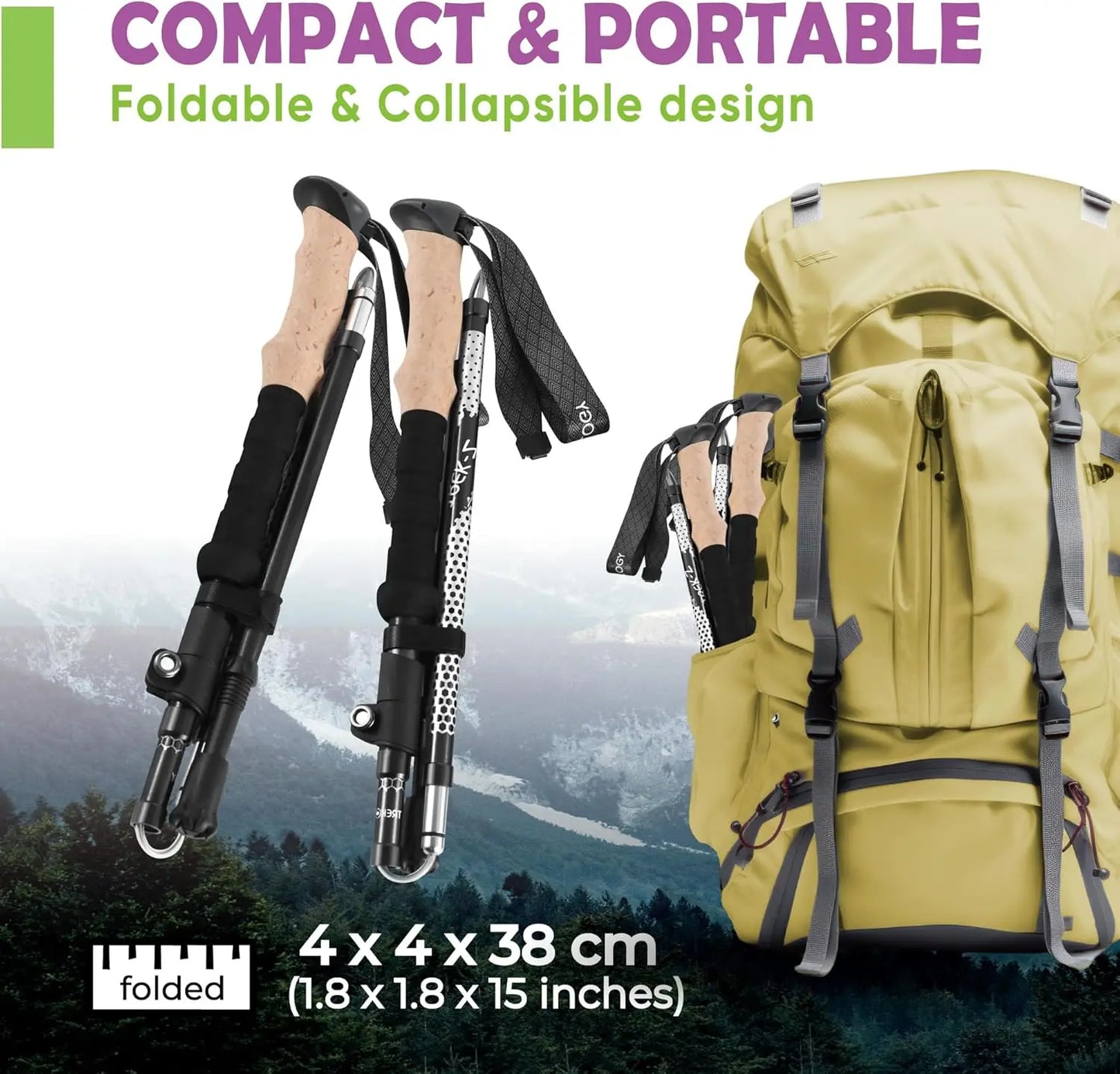 Collapsible Hiking & Trekking Poles - Balance Support for Seniors, Women, Men, 2pc Set