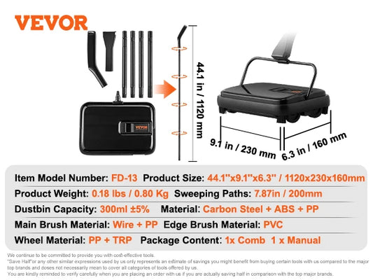 SucceBuy Manual Carpet Sweeper 7.87 in Sweeping Paths 300ml Dustbin Capacity w/ Comb for Home Rugs Hardwood Surfaces Wood Floors