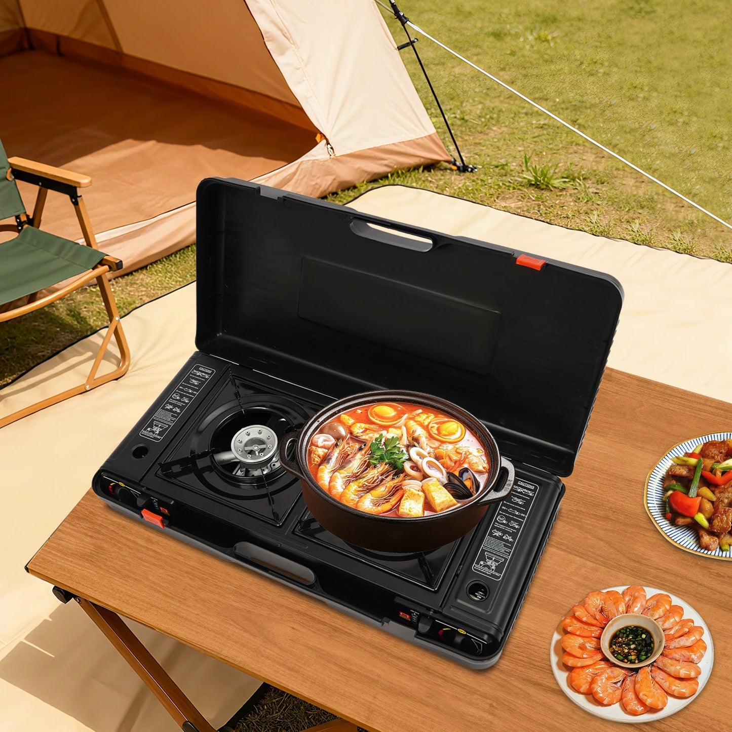 2-Burner Camping Stove Portable Gas Stove Kit Picnic Baking Tray Camping Grill Outdoor Cooking Stove with Carrying Burner LPG