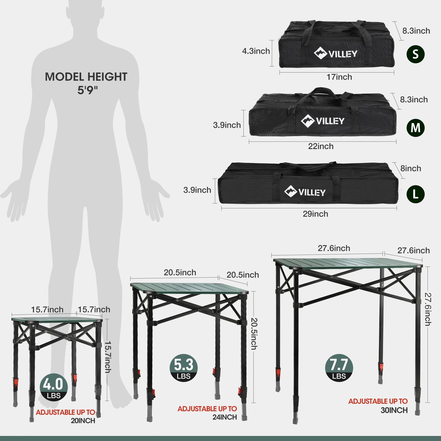 VILLEY Folding Camping Square Table with Carry Bag, Lightweight Aluminum Adjustable Square Table for Outdoor, Camping, Picnic