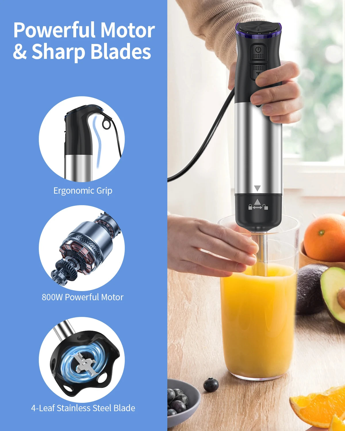 1000W Electric Immersion Handheld Blender, 5 in 1 Kitchen Hand Blender for soups, smoothies, purees and baby food.