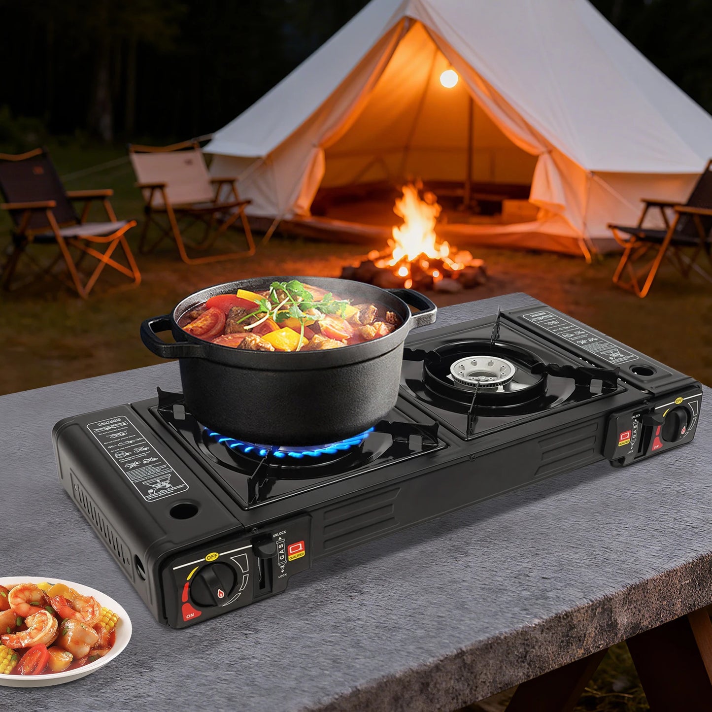 2-Burner Camping Stove Portable Gas Stove Kit Picnic Baking Tray Camping Grill Outdoor Cooking Stove with Carrying Burner LPG