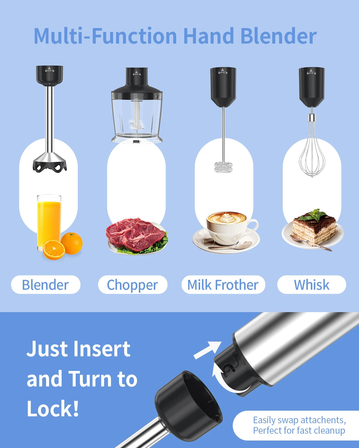 1000W Electric Immersion Handheld Blender, 5 in 1 Kitchen Hand Blender for soups, smoothies, purees and baby food.